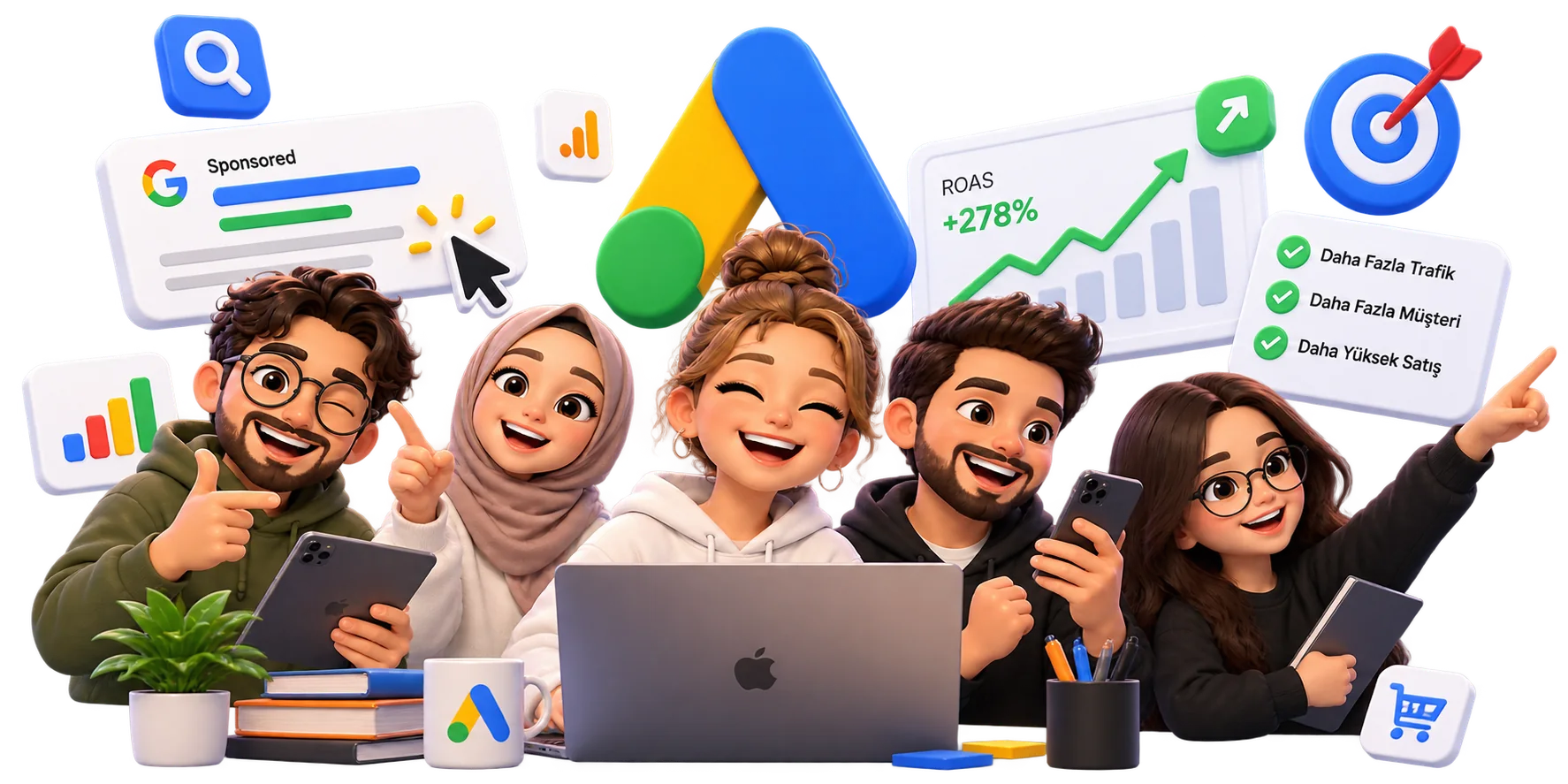 Google Ads kampanyalarını birlikte inceleyen, sonuçları kutlayan dijital pazarlama ekibi illüstrasyonu